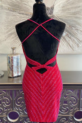 Misshow Sparkly Red Sequined Criss-Cross Back Tight Short Homecoming Dress/Mini Dress